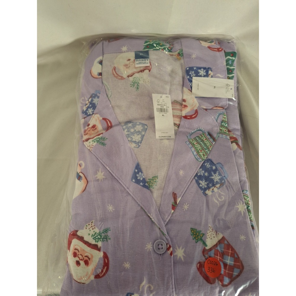 Old Navy Womens Flannel Pajama Set XL Purple Christmas Santa Snowman 2 Piece NEW